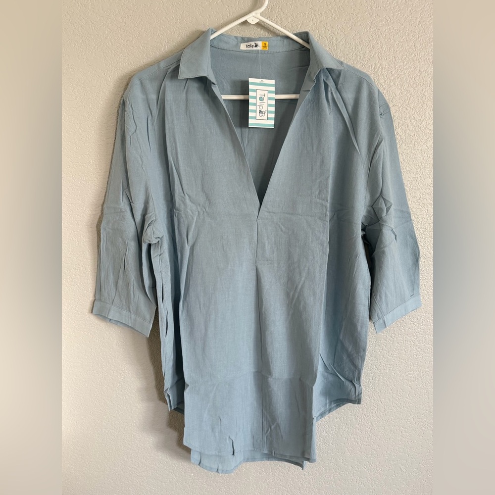 Dusty Blue V-Neck Tunic Top - Picture 2 of 6